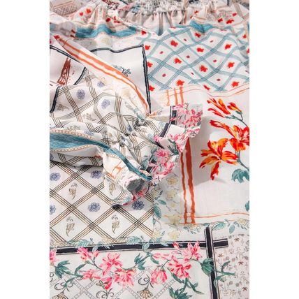 Multicolour Boho Floral Patched Ruffled Sleeve Tied Neck Blouse