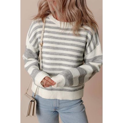 Gray Stripe Drop Shoulder Crew Neck Sweater
