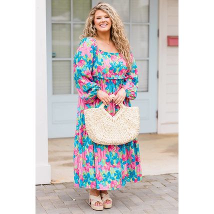 Sky Blue Floral Allover Print Shirred Square Neck Plus Size Maxi Dress