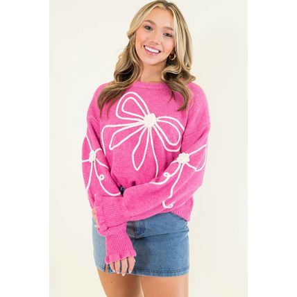 Bright Pink Corded Flower Bow Ribbed Trim Casual Sweater