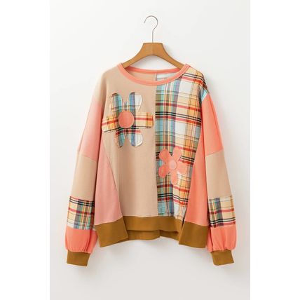 Multicolour Waffle Knit Plaid Patchwork Side Slits Loose Sweatshirt