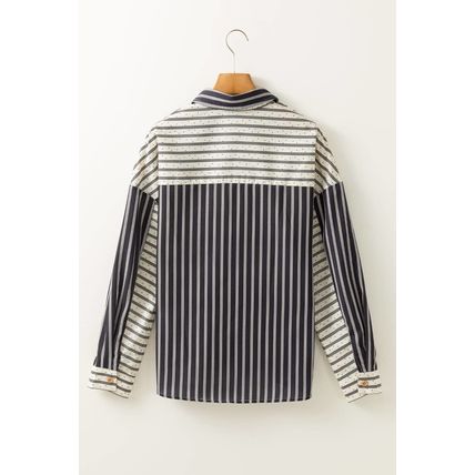 Black Stripe 2-tone Patchwork Half Buttons Chest Pockets Casual Blouse