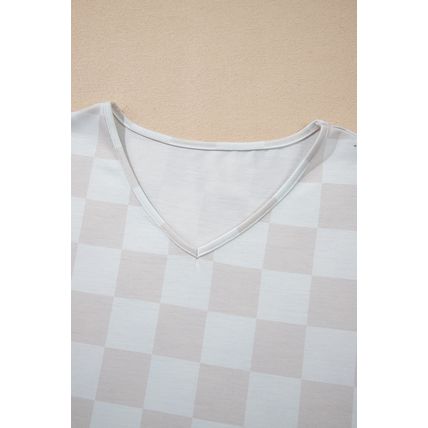 Beige Checkered V Neck Tee Drawstring Shorts Lounge Set