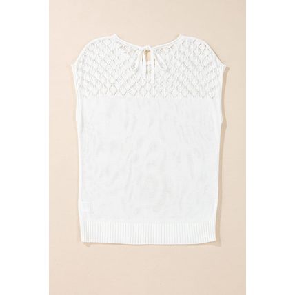 White Eyelet Knit Tied Back Short Sleeve Sweater