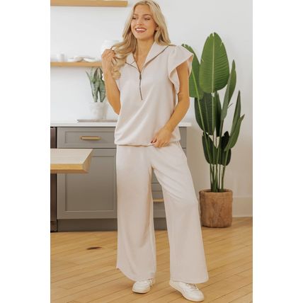 Apricot Textured Ruffled Sleeve Zipped Top and Wide Leg Pants Set