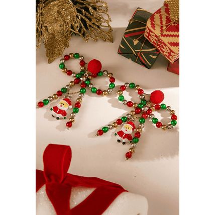 Racing Red Christmas Santa Pendant Beaded Bow Knot Stud Earrings