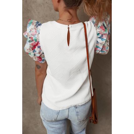 White Abstract Print Tiered Ruffled Sleeve Textured Knit Top
