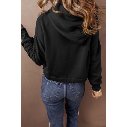 Black Solid Drop Shoulder Drawstring Cropped Hoodie
