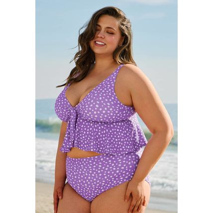 Purple Plus Size Polka Dot Print Ruffled Knotted V Neck Tankini Set