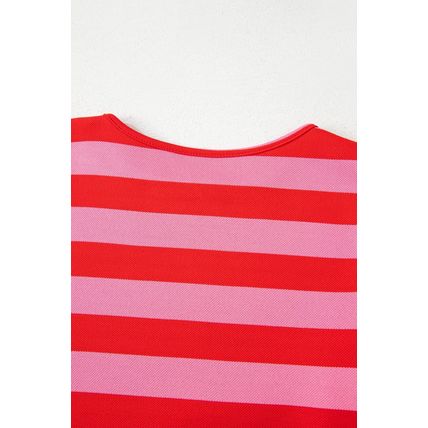 Red Stripe Flutter Sleeve Round Neck T Shirt