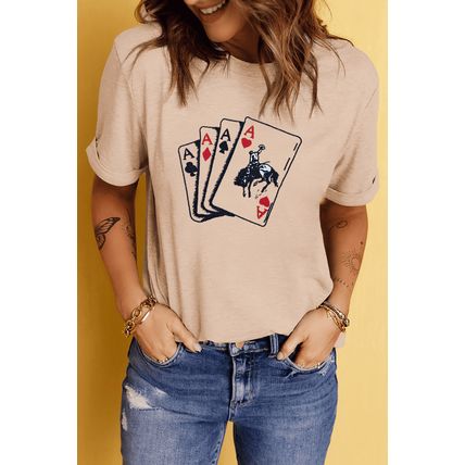 Khaki Poker Queen Embroidered Graphic Tee