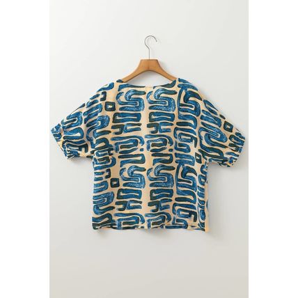 Beige Abstract Print Short Sleeve Loose Top