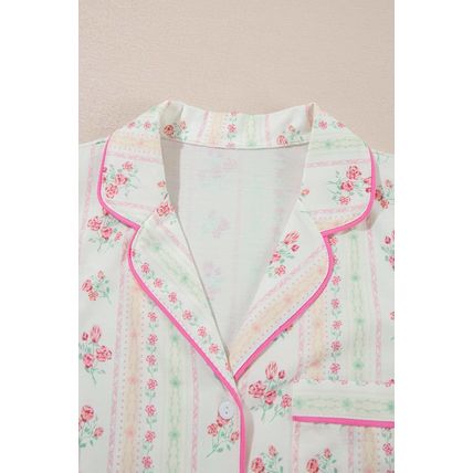 Beige Floral Print Contrast Pipping Short Pajamas Set