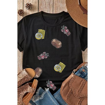 Black Sequin Crawfish Potato Lemon Corn Graphic Crewneck T Shirt