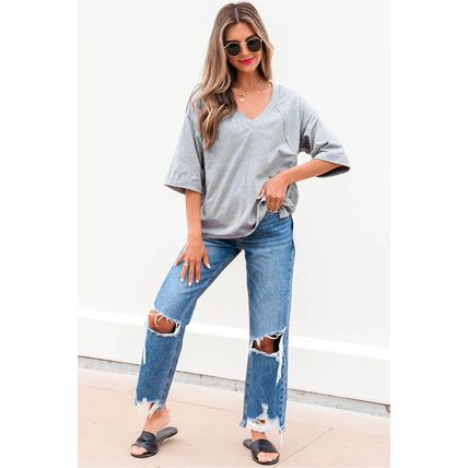 High Raglan Half Sleeve V Neck Oversized T Shirt