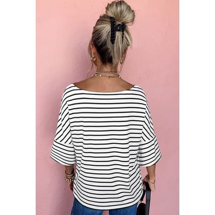 Black Stripe Half Sleeve Scoop Neck Loose Top