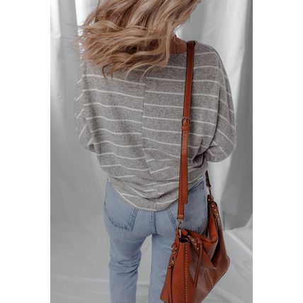 Gray Stripe Dolman Sleeve Drop Shoulder Top