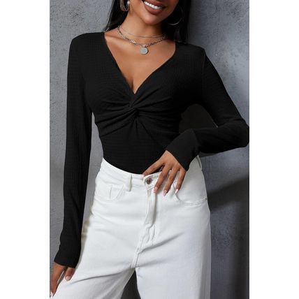 Black Textured Twist Front V Neck Long Sleeve Slim Solid Color Top