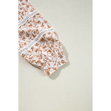 Khaki Printed Lace Detail Floral Puff Sleeve Fall Shirt