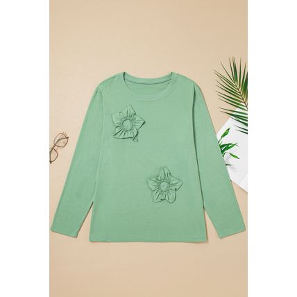 Grass Green Flower Applique Mineral Wash Plus Size Top