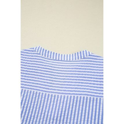 Sky Blue Stripe Bracelet Sleeve Tiered Shift Dress with Pockets