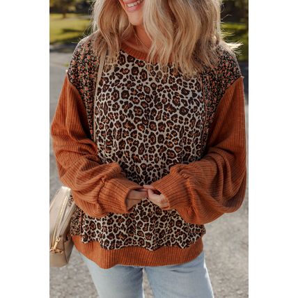 Brown Leopard Floral Print Ribbed Puff Sleeve Patchwork Loose Pullover