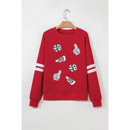 Fiery Red Cheer for Game Day Sequin Patched Oversize Varsity Sweatshirt