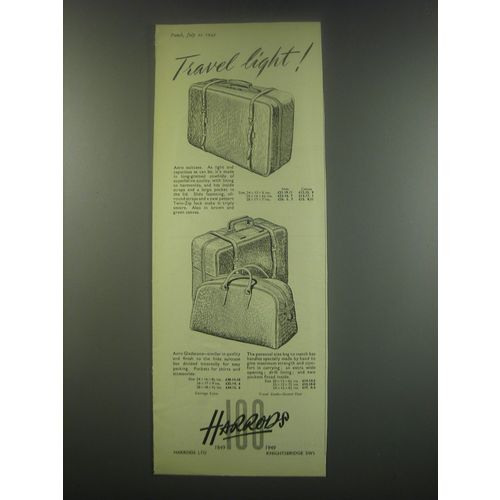 1949 Harrods Aero Suitcase, Aero Gladstone and Bag Ad - Travel light