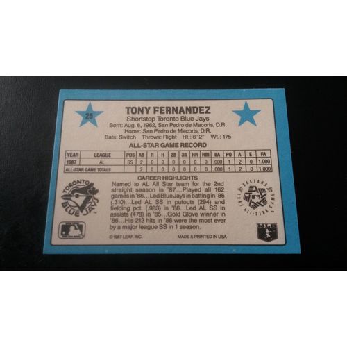 1988 Donruss All-Stars Card # 25 Tony Fernandez Excellent (5) Toronto Blue Jays