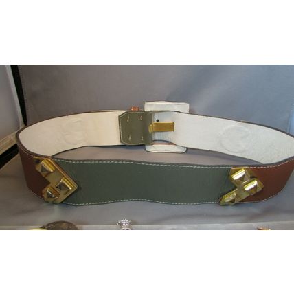 RARE 1980's YVES SAINT LAURENT Brass Leather Belt TAN/GREY-GREEN Med 29"31" 4974