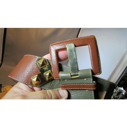 RARE 1980's YVES SAINT LAURENT Brass Leather Belt TAN/GREY-GREEN Med 29"31" 4974