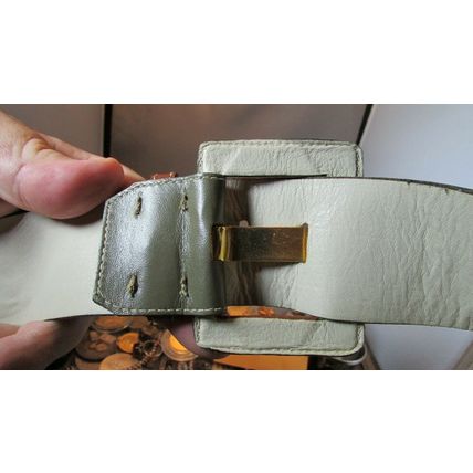 RARE 1980's YVES SAINT LAURENT Brass Leather Belt TAN/GREY-GREEN Med 29"31" 4974