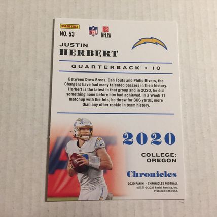 2020 Panini Chronicles Donruss Football San Diego Chargers Justin Herbert Rookie