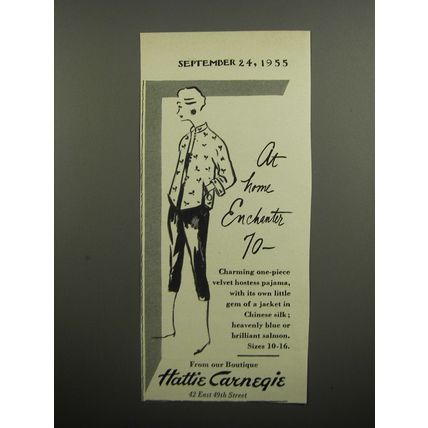 1955 Hattie Carnegie Hostess Pajama Ad - At home enchanter