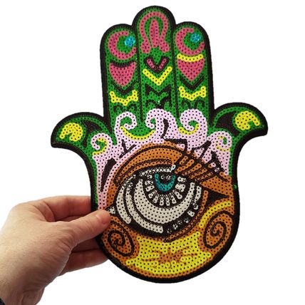 Hand of Hamza Fatima Eye Sequin Iron On Patch 20.5 cm x 26 cm Sew Badge P227