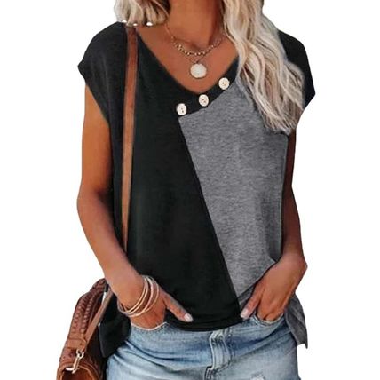 New Women's Stitching Contrast Color V-neck Button T-shirt Women