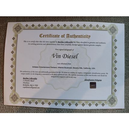 Genuine, Signed, 10"x8", Photo by Vin Diesel (Actor, Fast and the Furious) + COA