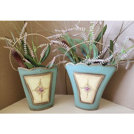 2 Decorative French Country Style Tin Basket Vase Faux Foliage Hanging or Table