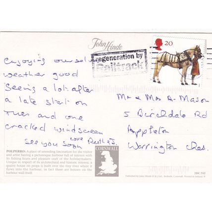 Polperro Horse Bus Cornwall Postcard posted 1997 creased