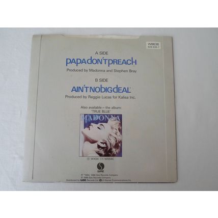 7"MADONNA.1986, PAPA DON'T PREACH.SIRE W8636. BIG DEAL.GLOSSY CARD. NEAR MINT