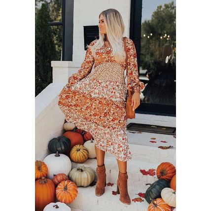 Khaki Floral Print Ruffled Tiered Long Sleeve V Neck Midi Dress