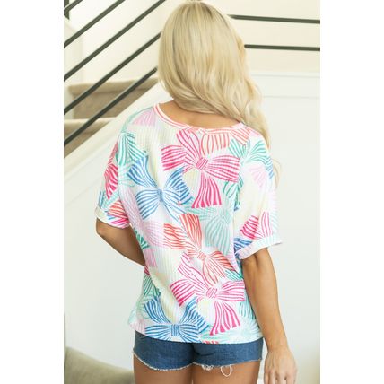 Multicolour Bowknot Printed Waffle Crewneck Loose Short Sleeve Top