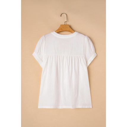 White Textured Short Sleeve Buttons Frayed Blouse