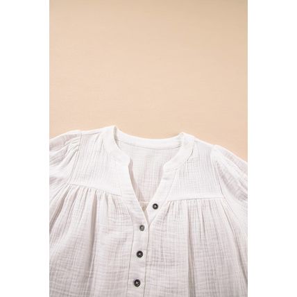 White Textured Short Sleeve Buttons Frayed Blouse