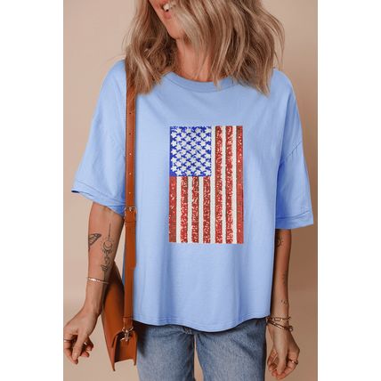 Myosotis Sequined American Flag Dropped Shoulder T Shirt