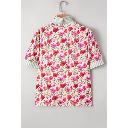 Red Floral Print Striped Patchwork Collared Short Sleeve Blouse