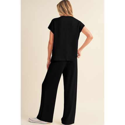 Black Solid Color Corded Short Sleeve Top and Casual Pants Set