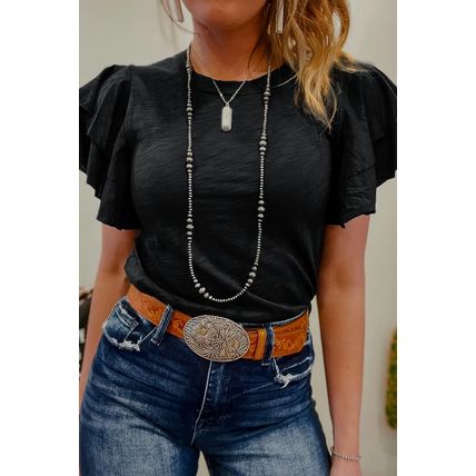 Black Layered Ruffle Short Sleeve Round Neck Top