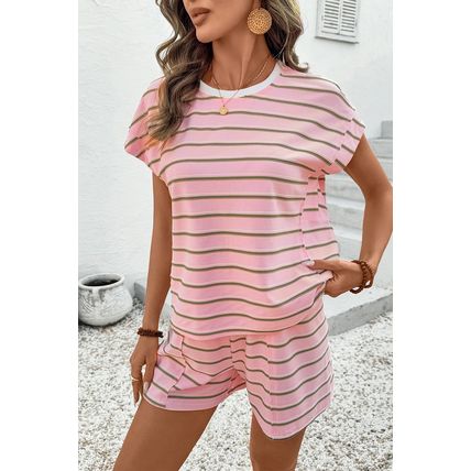 Pink Stripe Wide Short Sleeve Tee and Short Set