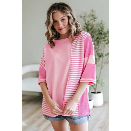 Pink Stripe Color Block Patchwork Loose Half Sleeve T Shirt
